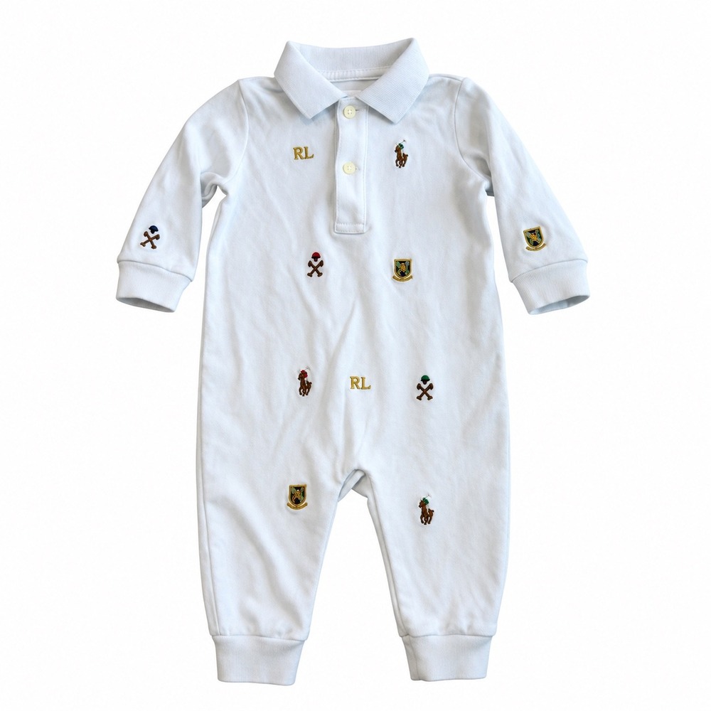 Ralph Lauren Baby Boys White Multi-Logo Embroidered Long Sleeve Polo Romper 9M